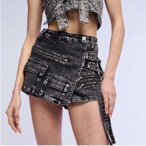 AKIRA Washed Black Denim Mini Skort with Zip Pockets